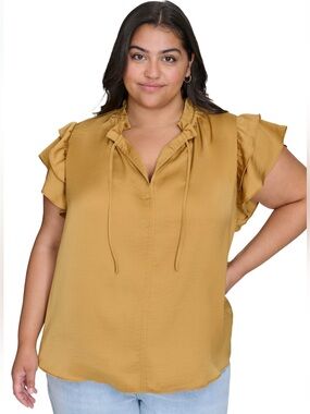 NWT DKNY Jeans Plus Size Ruffle Neck Top Flutter Seeds Golden Yellow Women’s 3X